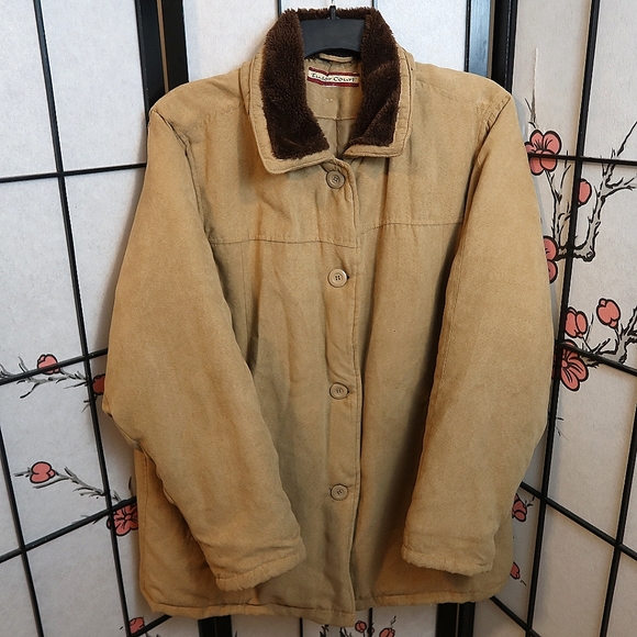 Tan Winter Coat with Brown Faux Fur Collar and Durable Design Fuax Suade XL - Picture 1 of 13